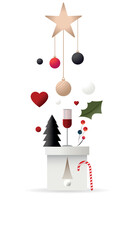 Christmas decorations emerging from festive white box