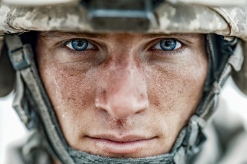 Intense close-up of a determined soldier's face with striking blue eyes, detailed with dirt and grime, wearing a combat helmet, capturing focus and resilience.