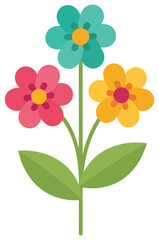 Flower vector illustration featuring three colorful blossoms with green leaves and stems created in flat cartoon style for decorative and creative design projects