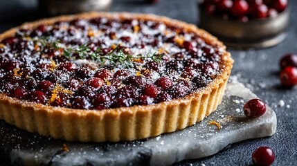 A tart filled with cranberries and orange zest, styled on marble with vintage touches