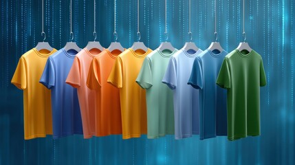 Cyber monday shopping, A vibrant display of colorful t-shirts hanging in a modern setting, showcasing various shades and styles against a dynamic blue background.