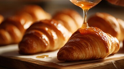 A warm croissants being filled with apple compote, natural window light