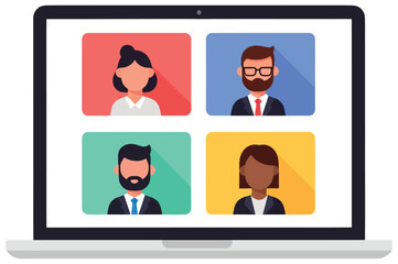 Video conference vector illustration of diverse business people on a laptop screen created as a clean flat artwork for remote work online communication and teamwork concepts