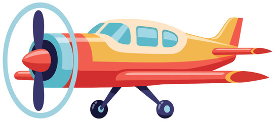 Propeller airplane vector illustration of a small red and yellow aircraft with spinning rotor created as a clean flat artwork for aviation transport travel and design concepts