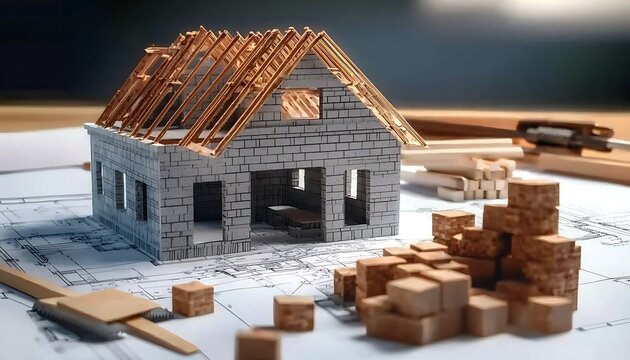 The model house on architectural blueprints surrounded by bricks trowel and wooden blocks