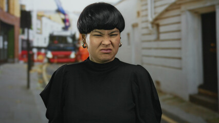 Fototapeta premium Woman expressing disgust on a city street with a background of urban buildings and traffic.