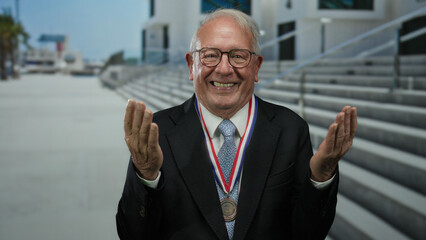 Elderly man wearing suit and medal smiling enthusiastically on a city street background, capturing a sense of accomplishment and vibrancy.