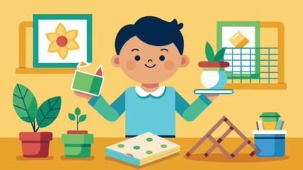 A young boy is sitting at a table with various items, including a book, a cell phone, and a potted plant. Concept of curiosity and learning