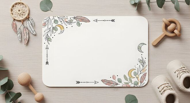 Bohemian-style baby shower invitation mockup with a blank card surrounded by a dreamcatcher, wooden toys, and eucalyptus leaves.