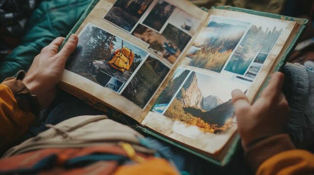 Person looking at travel photos in album featuring nature and adventure landscapes