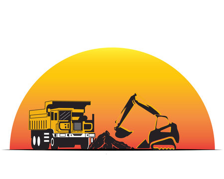 Vector illustration of excavator loading crushed stone into dump truck.