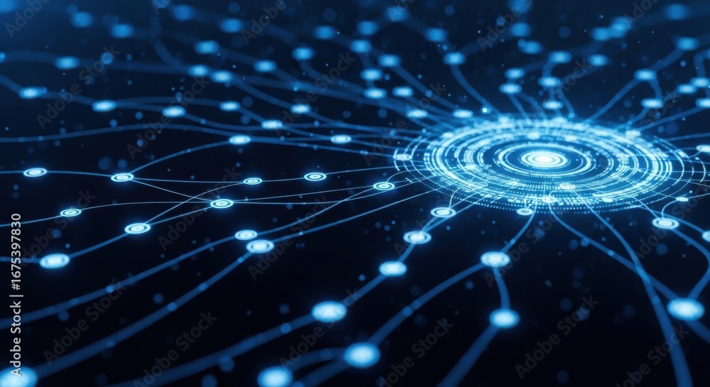 Poster abstract glowing blue digital network connecting nodes on a dark background