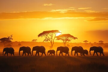 Obraz premium Silhouetted Animal Herd Walking Through African Savanna at Sunset