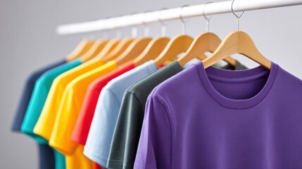 Obraz premium Cyber monday shopping, A row of colorful t-shirts displayed on hangers, showcasing a variety of shades and styles, ideal for casual wear and fashion inspiration.
