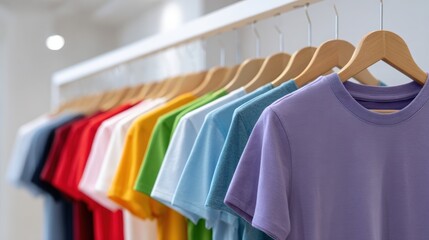 Obraz premium Cyber monday shopping, A vibrant display of colorful T-shirts hanging on wooden hangers in a retail setting, showcasing various shades and styles.