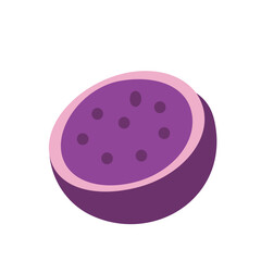 A passion fruit, cut in half to show the bright, tangy pulp filled with seeds.