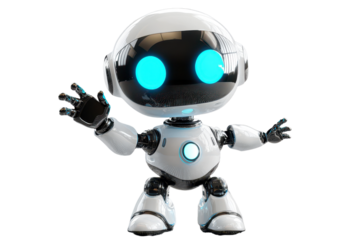 Cute AI robot chatbot waving cheerfully, showcasing an adorable design with bright blue eyes and a shiny white exterior in a playful pose