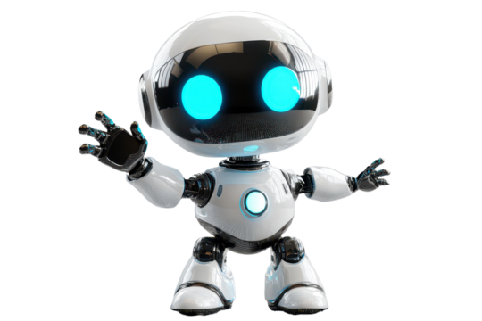 Cute AI robot chatbot waving cheerfully, showcasing an adorable design with bright blue eyes and a shiny white exterior in a playful pose