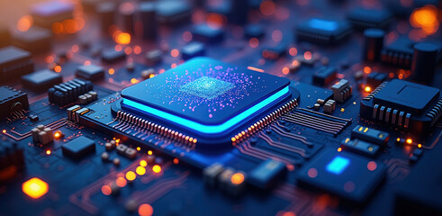 Futuristic nanobot swarm exploring microchip circuit glowing blue neon advanced tech vision