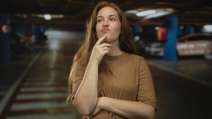 Fototapeta premium Woman in brown shirt with arms crossed and hand on chin in indoor parking garage building; uncertainty.
