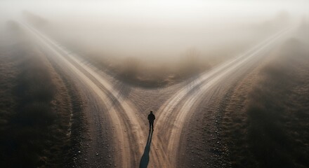 Silhouette of a person standing at a fork in a foggy road casting a long shadow. Concept for way forward, career decision and future path