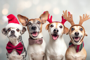 Four joyful dogs wearing festive holiday accessories including Santa hat and reindeer antlers.