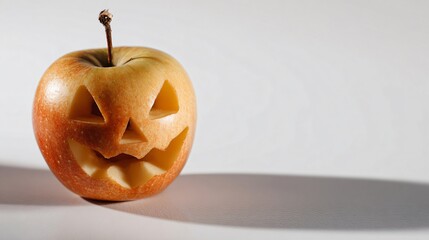 Clean white background with one apple carved like a jack-o’-lantern, shadow play adding spooky tone