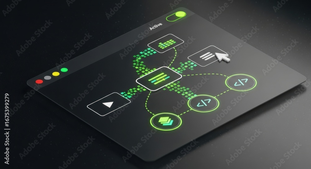 Poster digital workflow diagram with glowing nodes and connections