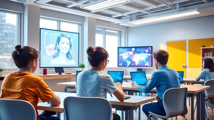 Students in Modern Classroom with Screens Laptops and Bright Lighting.