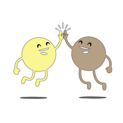 round cartoon characters giving high five, happy friendship illustration in playful vector style