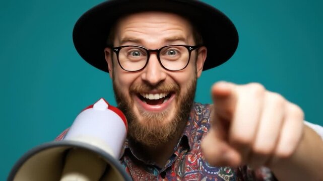 Man pointing holding megaphone call to action announce promotion news attention business communication message