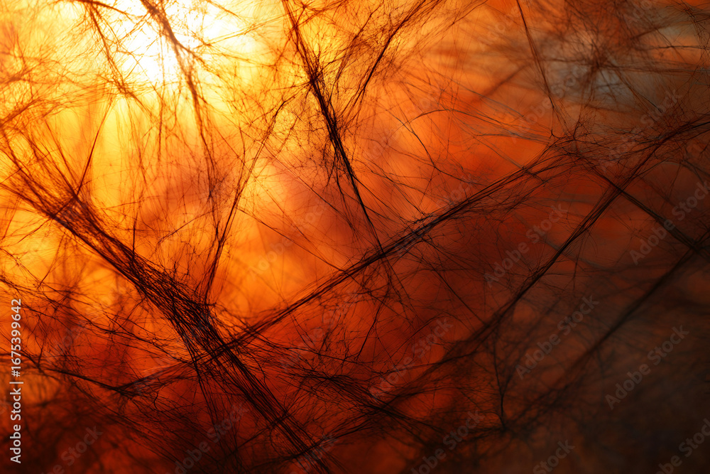 Wall mural intricate spider web threads illuminated by warm golden light creating a dramatic abstract texture