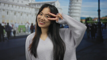 Fototapeta premium Woman smiling in front of pisa tower outdoors in italy with long hair wearing sweater making peace sign with hand gesture under sunny sky.
