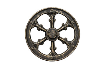 Obraz premium Detailed view of a caster wheel with a vintage design showcasing intricate patterns and a metallic finish on a transparent background perfect for online usage