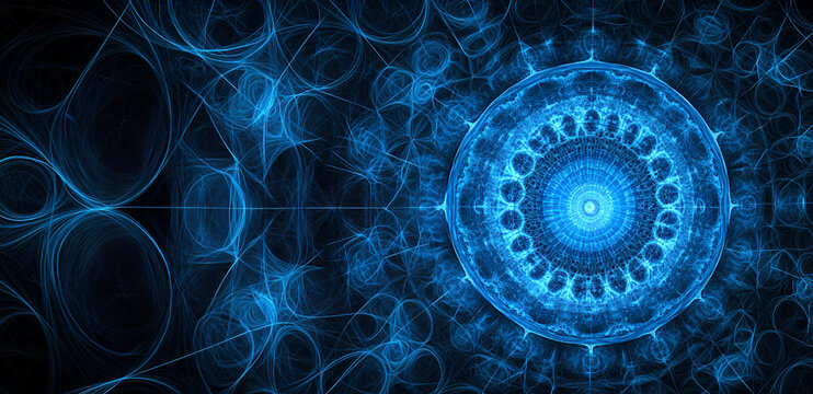 Captivating blue fractal mandala radiates intricate cosmic energy, perfect for science and tech themes