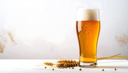 Refreshing cold glass of golden beer with frothy head on white background with wheat grains in the foreground for beer beverage or alcohol drink concept
