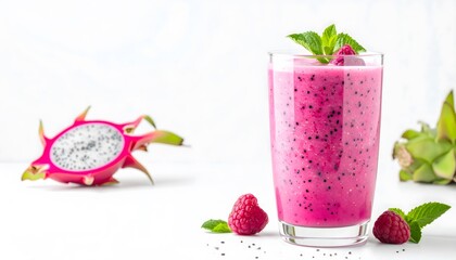 Refreshing pink dragon fruit smoothie in a glass with fresh raspberries and mint leaves on a white background, healthy fruit drink, cold beverage