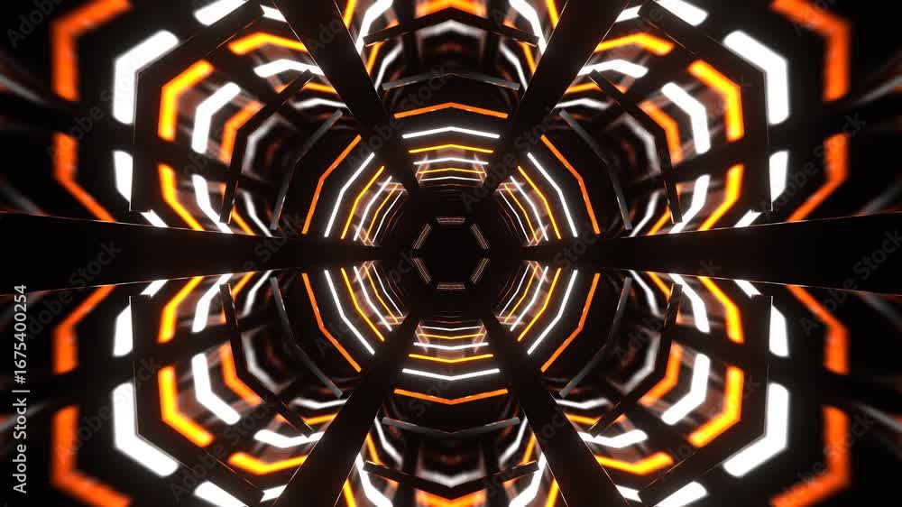 Poster abstract futuristic sci-fi hexagonal tunnel with dynamic glowing orange and white neon lights moving