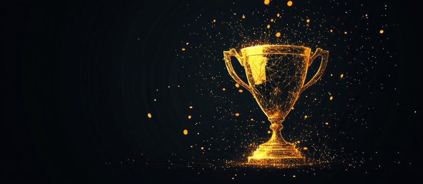 Abstract gold champion trophy in futuristic glowing low polygonal style isolated on black background. Championship, cup winner concept. Modern abstract connection design