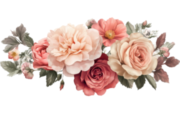 Bouquet of assorted flowers showcasing various colors and textures, beautifully arranged on a transparent background for artistic display