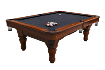 Elegant pool table with sleek design and neatly arranged balls on a black felt surface isolated against a transparent background for a stunning visual effect