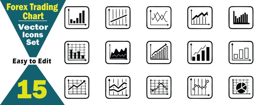 Collection of 15 financial trading chart vector icons with text Forex Trading Chart Vector Icons Set