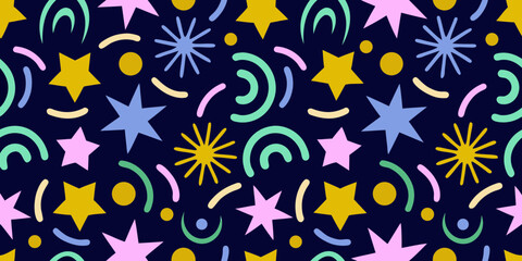 Whimsical star and swirl pattern with pastel colors on dark blue background