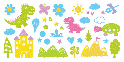 Cute cartoon dinosaurs castles trees flowers clouds sun rocket and mountains in a playful children s illustration style
