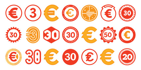 Collection of Red and Yellow Circular Icons with Euro Symbols and Numbers currency money
