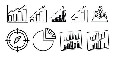 Fototapeta premium Doodle Icons of Financial Growth Charts Money Bags Pie Chart Compass and Bar Graphs finance business