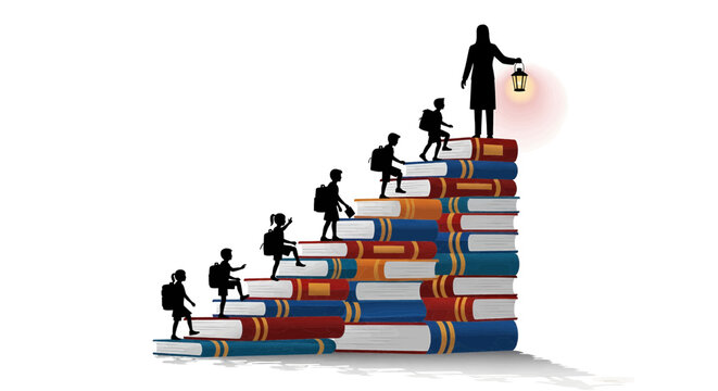 World Teachers Day Guiding Future Minds. Illustration of a teacher illuminating the path for students climbing a staircase of books, symbolizing knowledge, educational progress, and growth