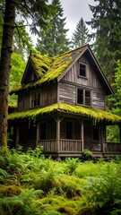 Abandoned cabin in a lush green forest