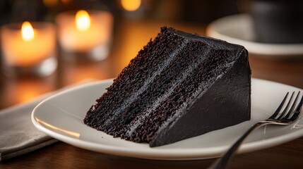 Single slice of gothic black cake on a white plate, no décor, candle-lit edge of table