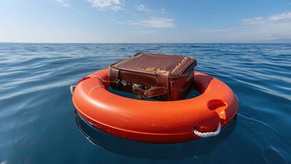 Old brown suitcase floating in the sea inside a life preserver